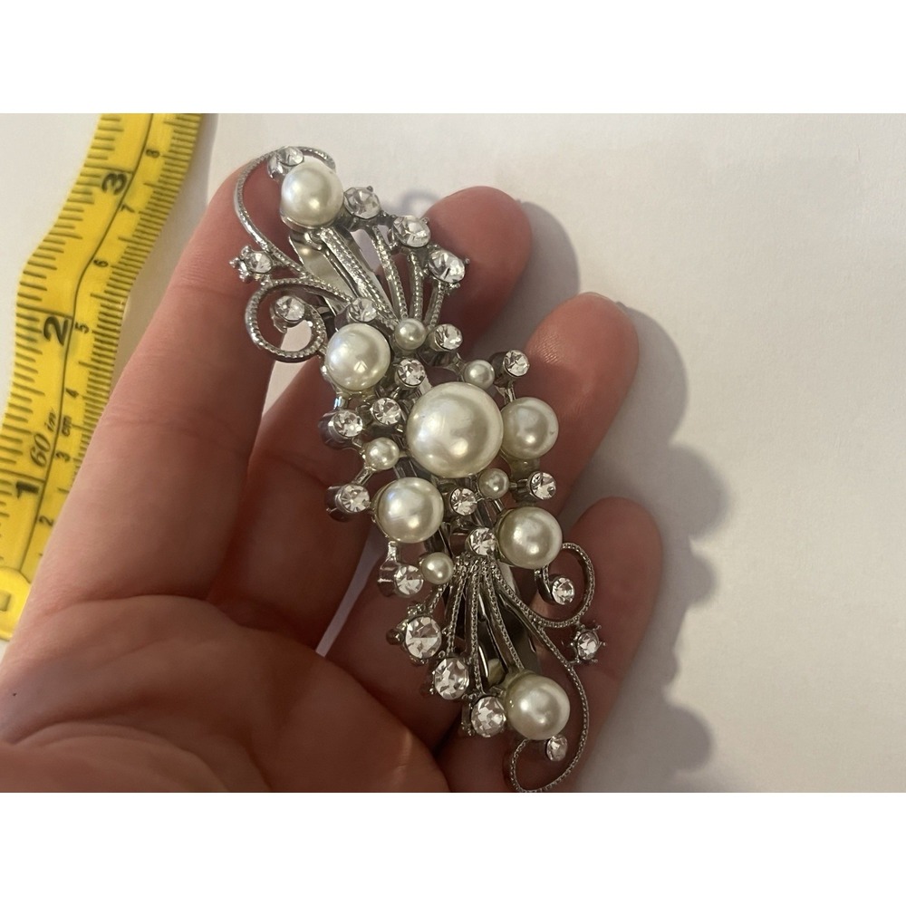 Vintage Simulated Pearl Clear Rhinestone Ornate Silver Tone Hair Barrette - Picture 2 of 9